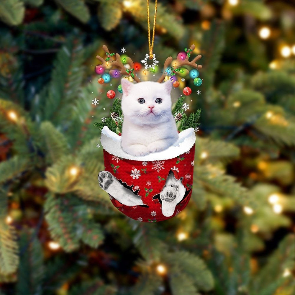 Funny White Cat In Snow Pocket Christmas Ornament Flat Acrylic Cat Ornament