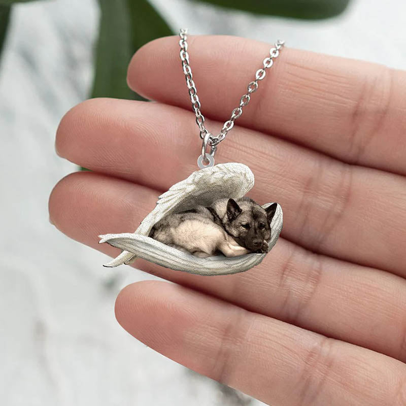 Norwegian Elkhound Sleeping Angel Stainless Steel Necklace !